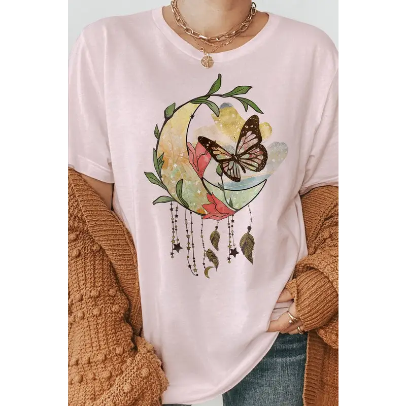 Boho Moon Flowers and Butterfly Graphic Tee Soft Pink Graphic Tee