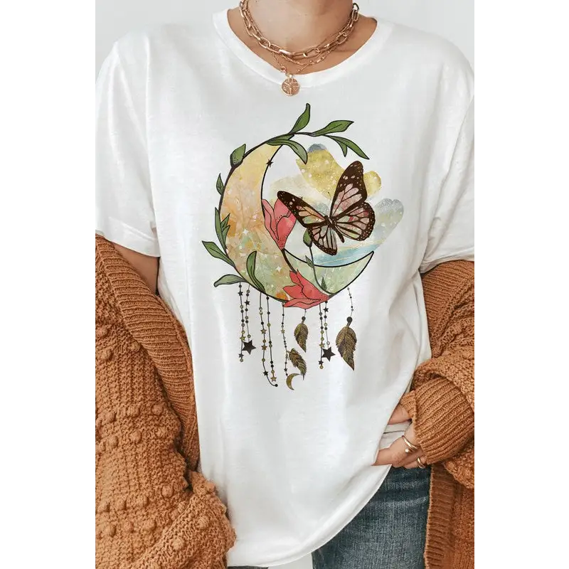 Boho Moon Flowers and Butterfly Graphic Tee White Graphic Tee