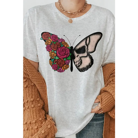Butterfly Skull and Flower Halloween Graphic Tee Ash Graphic Tee