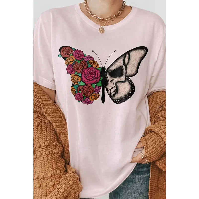 Butterfly Skull and Flower Halloween Graphic Tee Soft Pink Graphic Tee