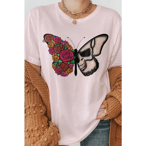 Butterfly Skull and Flower Halloween Graphic Tee Soft Pink Graphic Tee