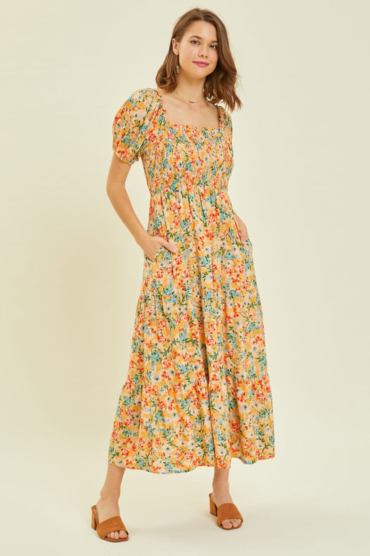 Full Size Floral Smocked Tiered Midi Dress Peach Multi Dress