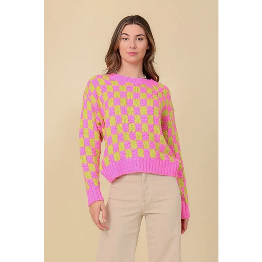 Checkerboard Pullover Sweater PINK LIME Sweater