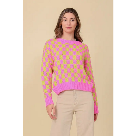 Checkerboard Pullover Sweater PINK/LIME Sweater