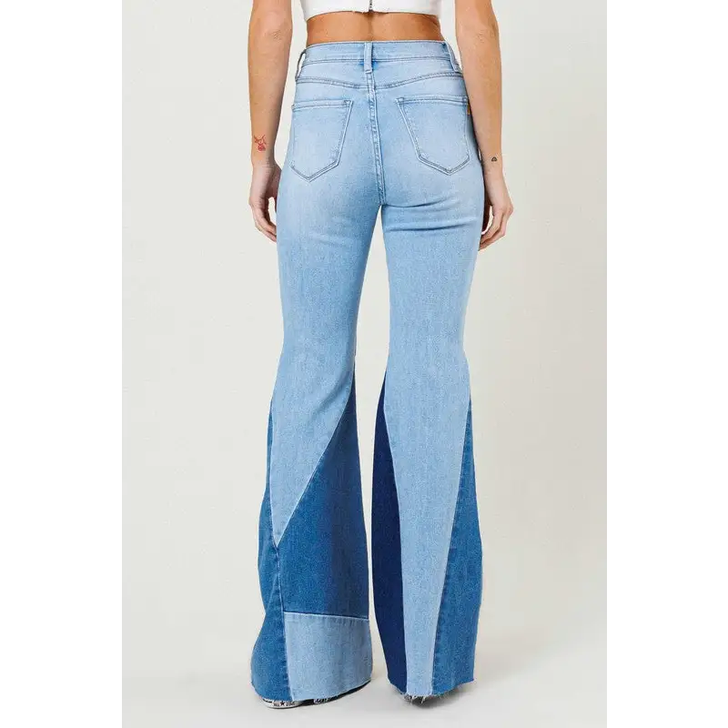Color Block Side Slit Flare Jeans Jeans