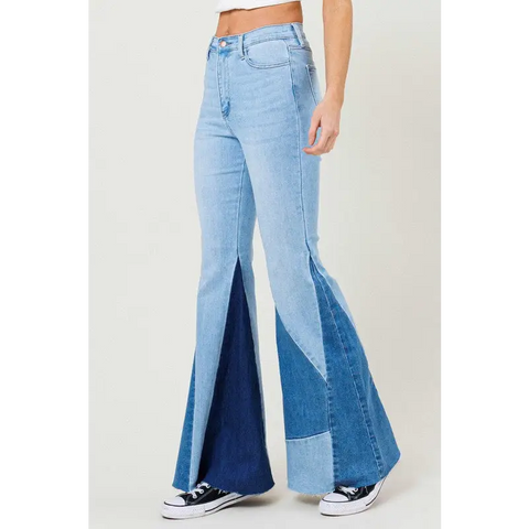 Color Block Side Slit Flare Jeans Jeans