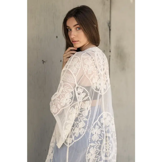 Contrast Mesh Cotton Lace Kimono Kimono Cardigan