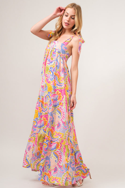 And The Why Full Size Printed Tie Shoulder Tiered Maxi Dress Multicolor Dress