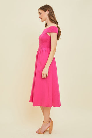 Off-Shoulder Smocked Midi Dress Dess