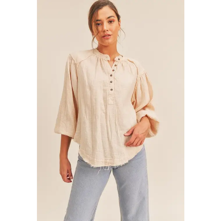 Distressed Button Down Top OATMEAL top
