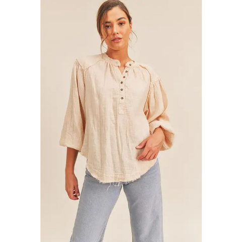 Distressed Button Down Top OATMEAL top