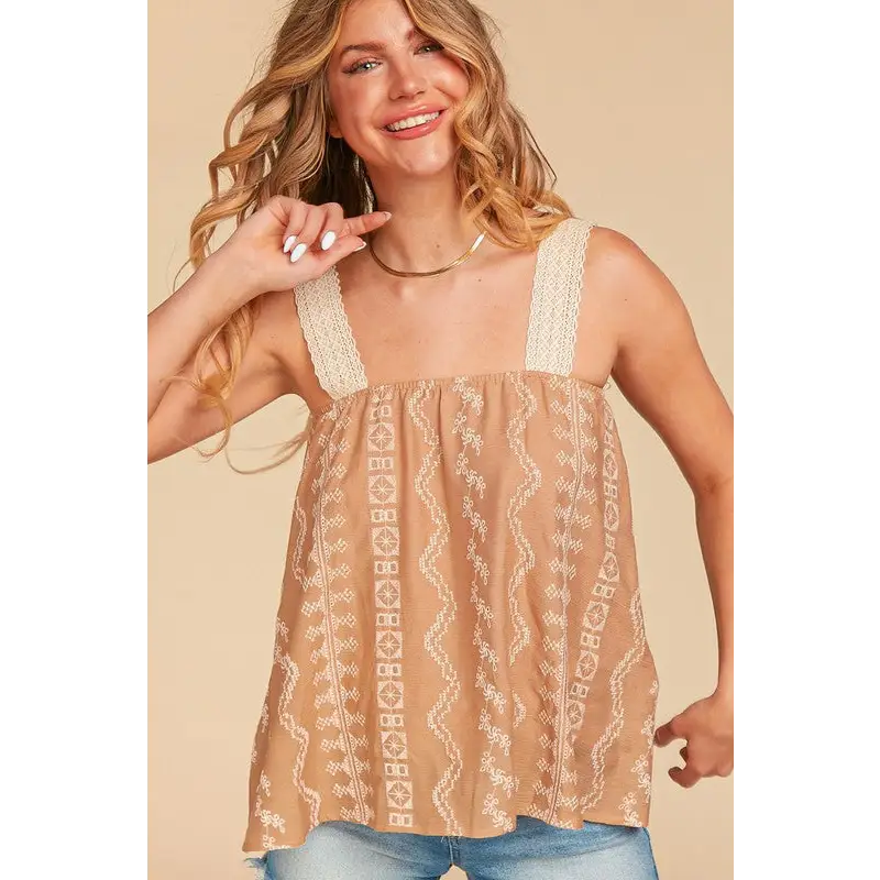 EMBROIDERED CROCHET LACE WOVEN TANK TOP LATTE/NATURAL Top