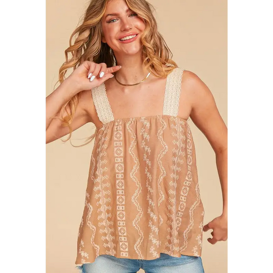 EMBROIDERED CROCHET LACE WOVEN TANK TOP LATTE NATURAL Top