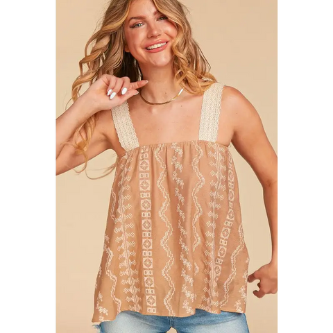 EMBROIDERED CROCHET LACE WOVEN TANK TOP LATTE/NATURAL Top