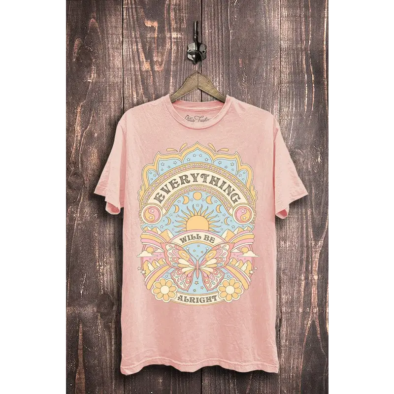 Everything Will Be Alright Graphic Top L Pink Mineral Wash Graphic Tee