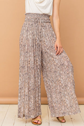 And The Why Printed Smocked Waist Slit Wide Leg Pants Pants