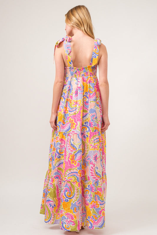 And The Why Full Size Printed Tie Shoulder Tiered Maxi Dress Dress