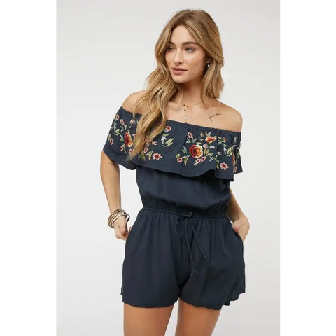 FLORAL EMBROIDERED OFF SHOULDER ROMPER Ink Navy Jumpsuits and Rompers