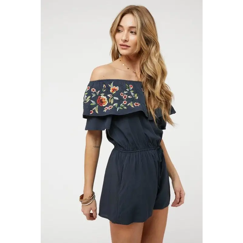 FLORAL EMBROIDERED OFF SHOULDER ROMPER Jumpsuits and Rompers