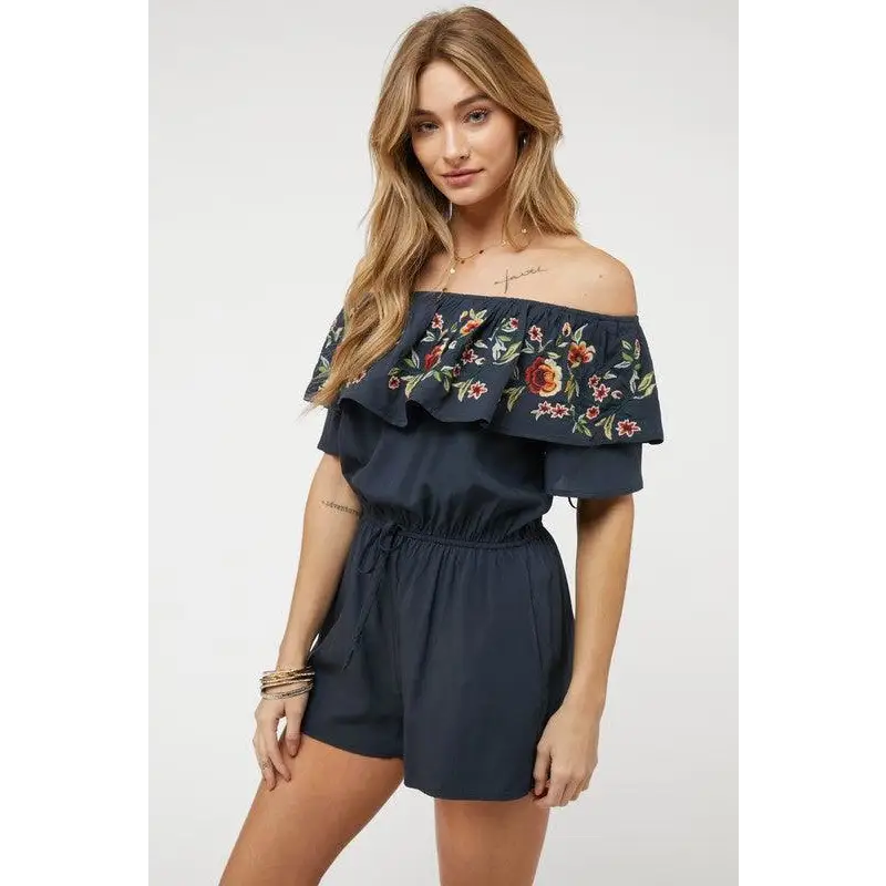 FLORAL EMBROIDERED OFF SHOULDER ROMPER Jumpsuits and Rompers