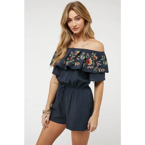 FLORAL EMBROIDERED OFF SHOULDER ROMPER Jumpsuits and Rompers