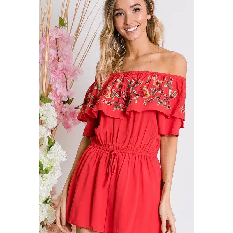 FLORAL EMBROIDERED OFF SHOULDER ROMPER Jumpsuits and Rompers