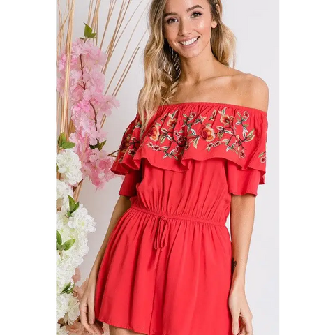 FLORAL EMBROIDERED OFF SHOULDER ROMPER Jumpsuits and Rompers