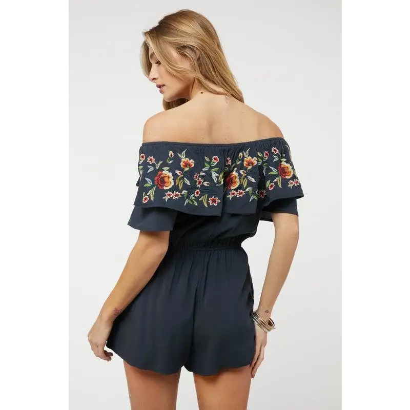 FLORAL EMBROIDERED OFF SHOULDER ROMPER Jumpsuits and Rompers