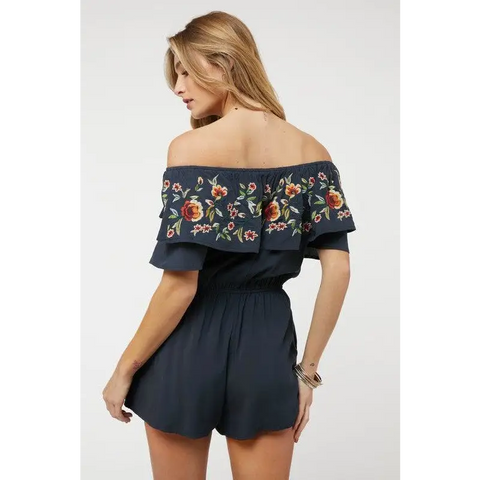 FLORAL EMBROIDERED OFF SHOULDER ROMPER Jumpsuits and Rompers