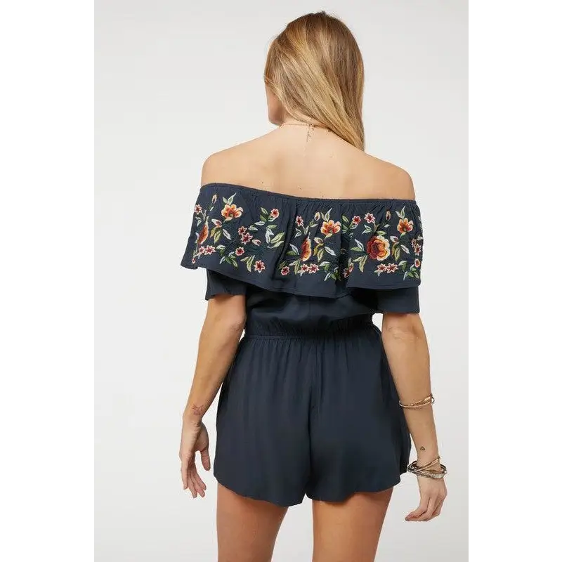 FLORAL EMBROIDERED OFF SHOULDER ROMPER Jumpsuits and Rompers