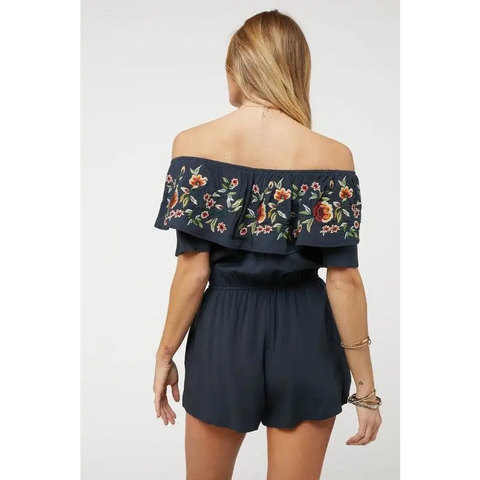 FLORAL EMBROIDERED OFF SHOULDER ROMPER Jumpsuits and Rompers