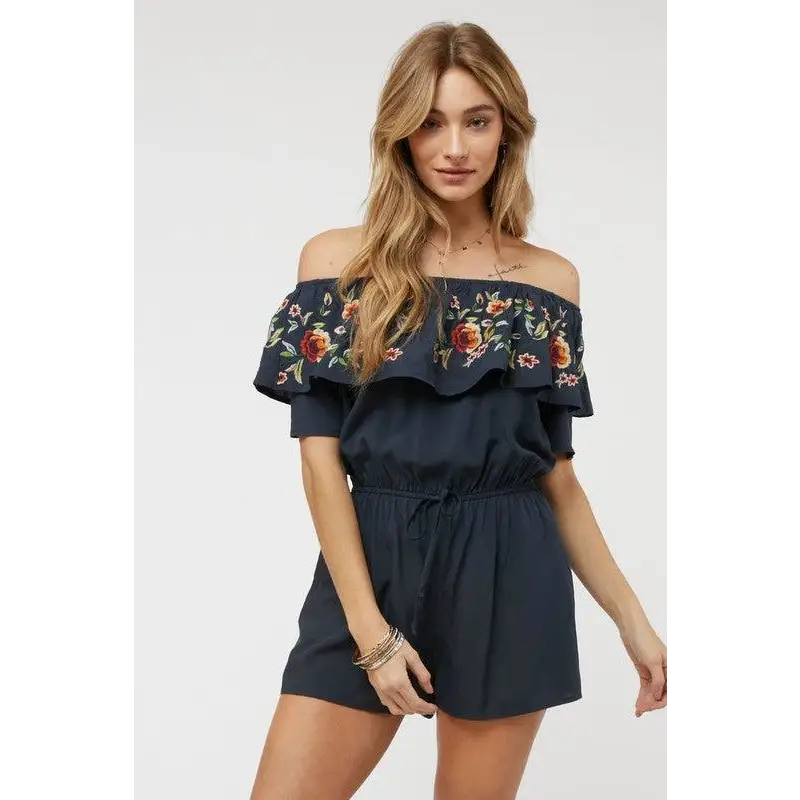 FLORAL EMBROIDERED OFF SHOULDER ROMPER Jumpsuits and Rompers