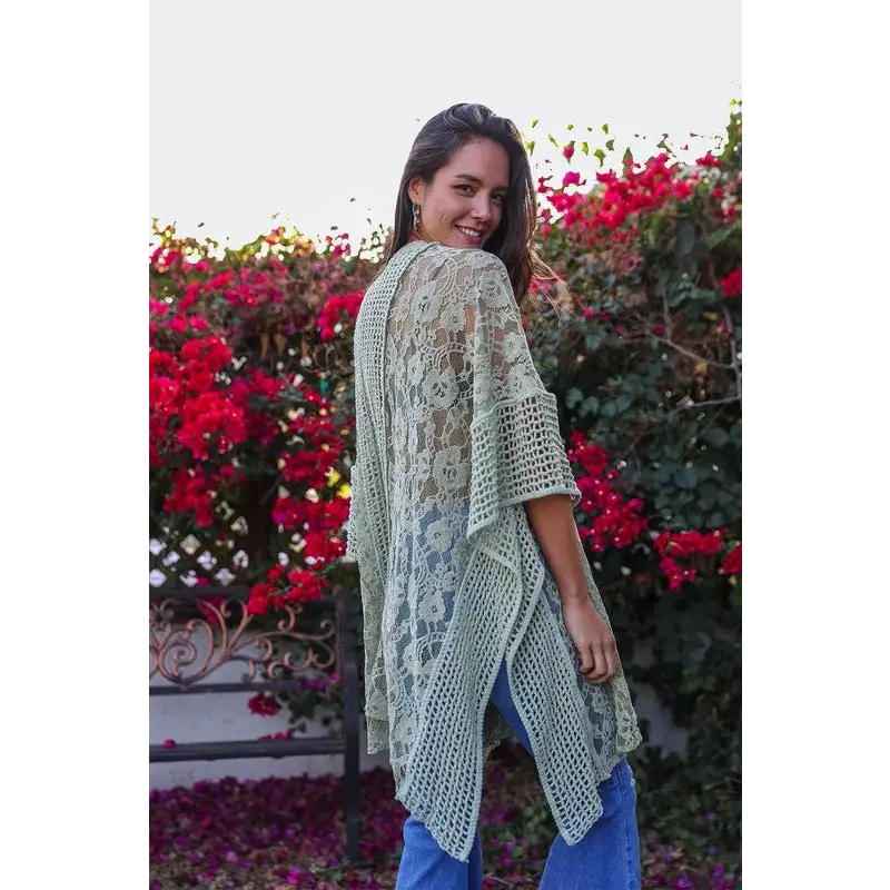 Floral Lace Textured Kimono Kimono Cardigan