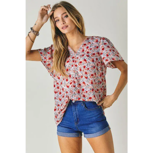 FLORAL PRINTED V NECK SHORT SLEEVE TOP White M Top