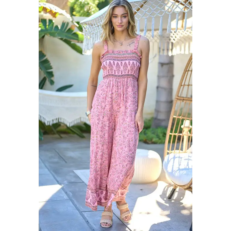 FLORAL SMOCKED DETAIL WITH RUFFLE JUMPSUIT Jumpsuits and Rompers