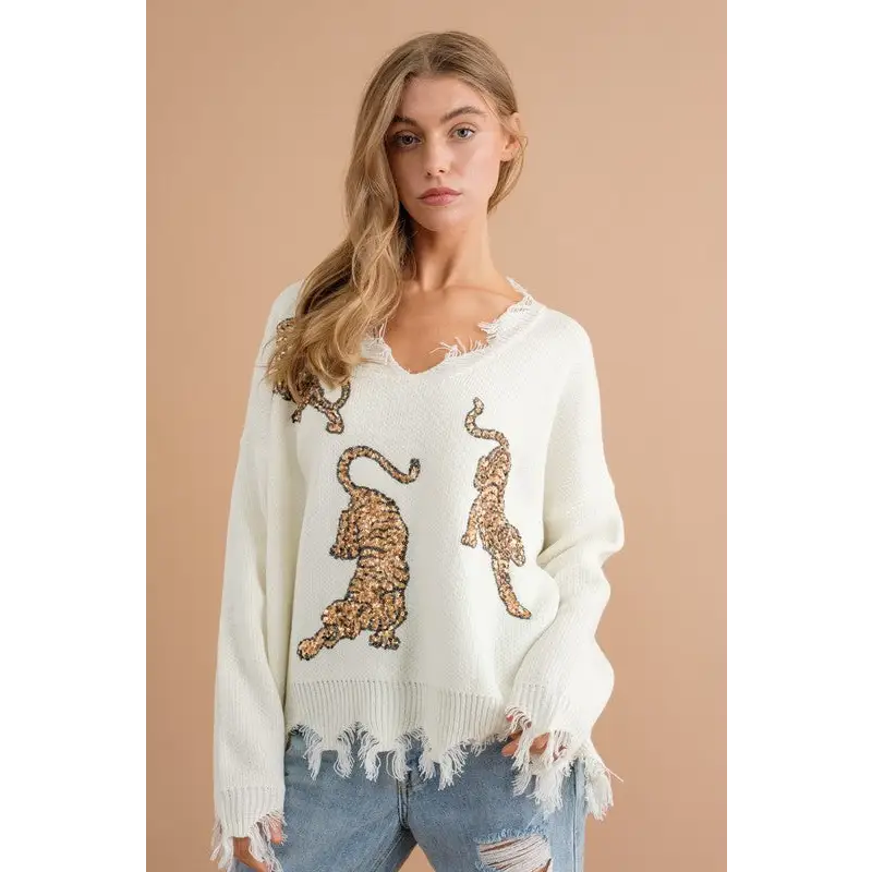 Frayed Edge Sequin Tiger Sweater Sweater