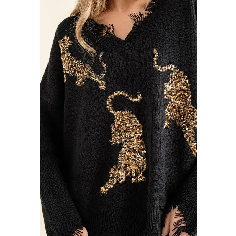 Frayed Edge Sequin Tiger Sweater Sweater