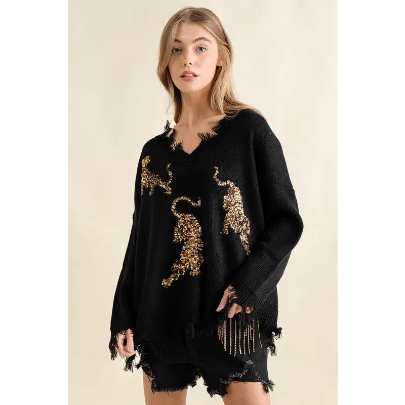Frayed Edge Sequin Tiger Sweater BLACK GOLD Sweater