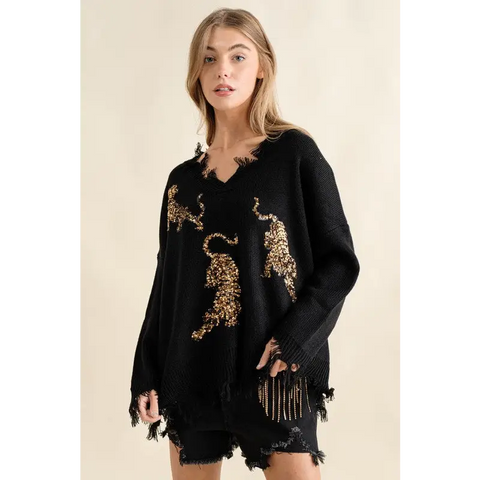 Frayed Edge Sequin Tiger Sweater BLACK GOLD Sweater