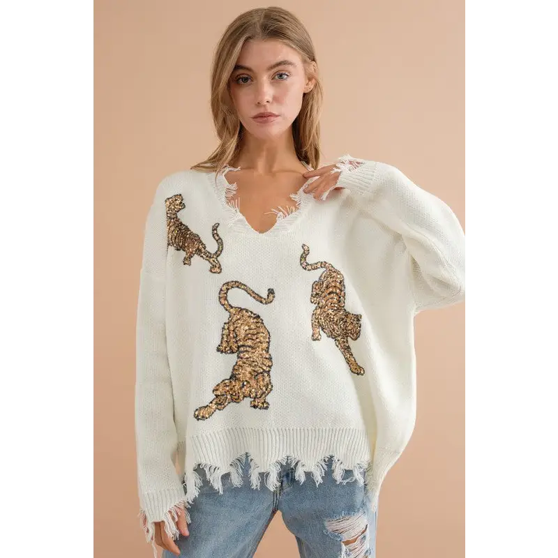 Frayed Edge Sequin Tiger Sweater OFF WHITE GOLD Sweater