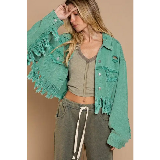 Fringe Distressed Crop Denim Jacket Jacket