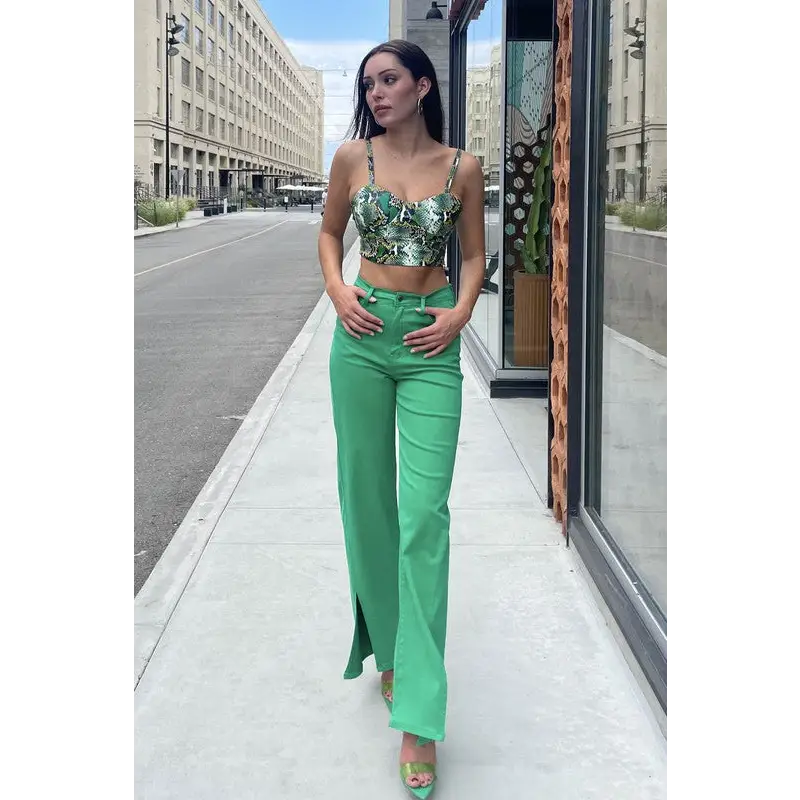 Front Slit Wide Leg Tencel Pants GREEN Pants