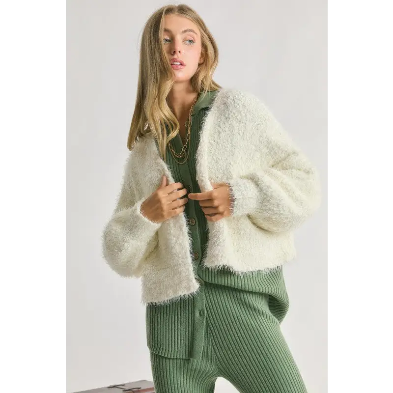 Fuzzy V Neck Cardigan Cream cardigan