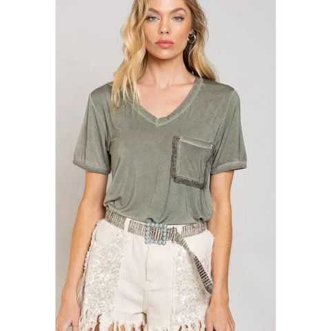 Girly Meets Basic Short Sleeve Top OLIVE Top