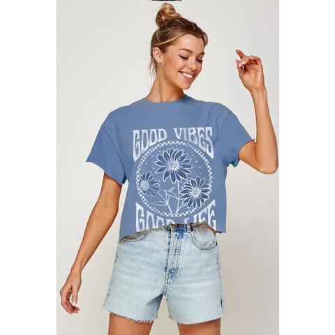 GOOD VIBES GOOD LIFE Graphic Print Women Top BLUE JEAN Graphic Tee