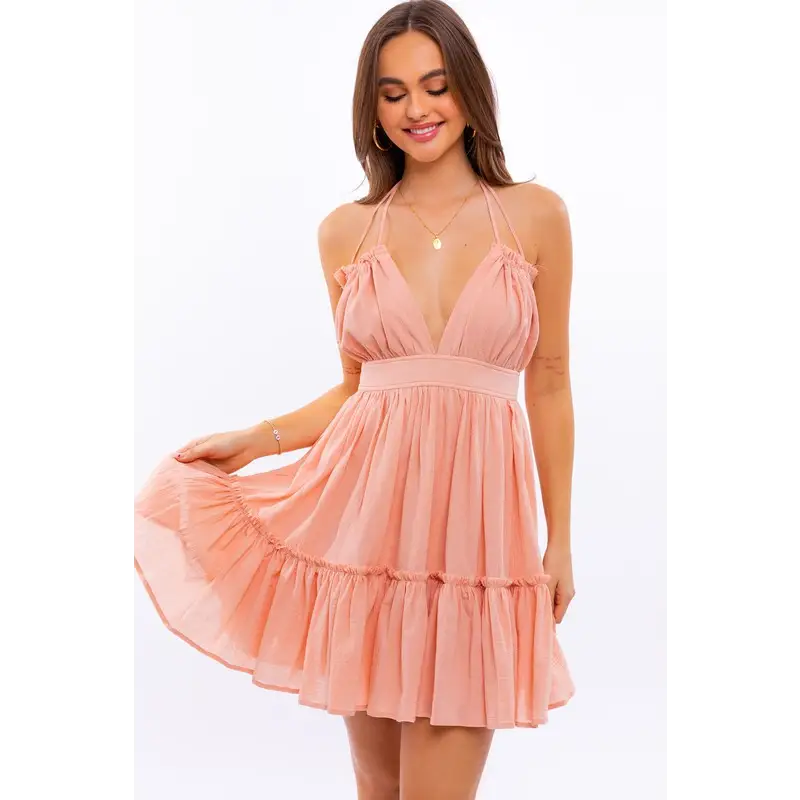 HALTER BABYDOLL TIERED MINI DRESS APRICOT Dress