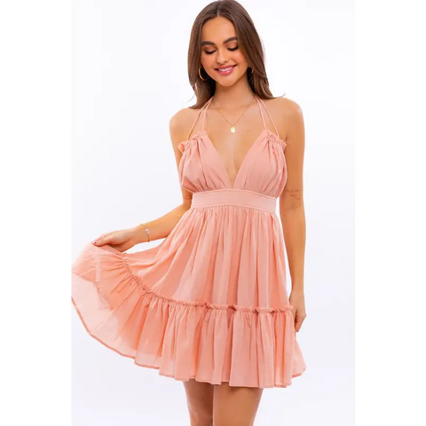 HALTER BABYDOLL TIERED MINI DRESS APRICOT Dress