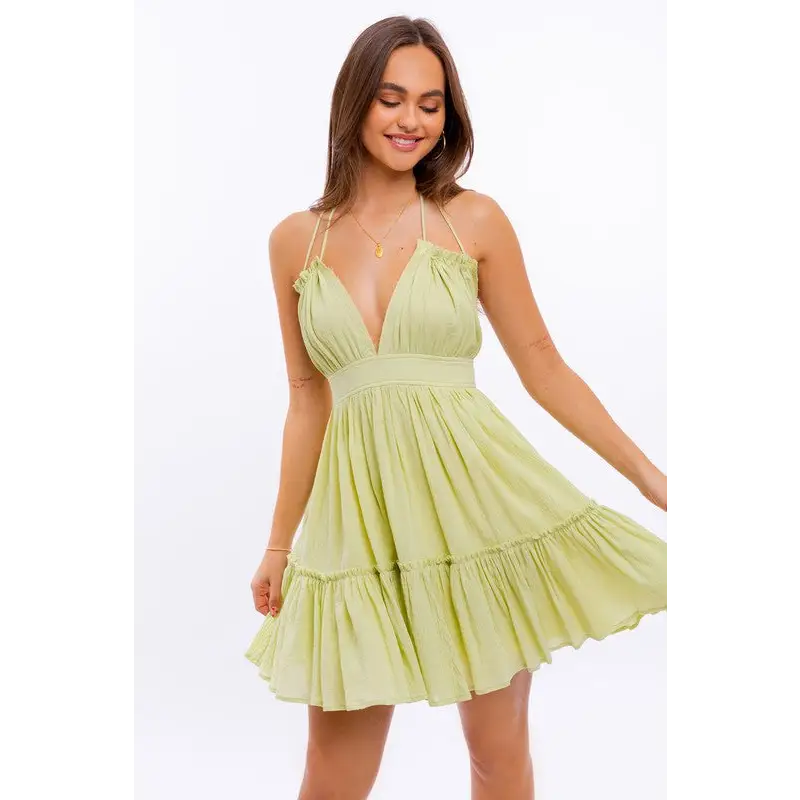 HALTER BABYDOLL TIERED MINI DRESS PISTACHIO Dress