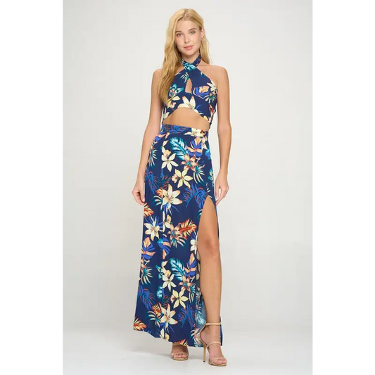 halter crop top maxi skirt with slit set tropical Set
