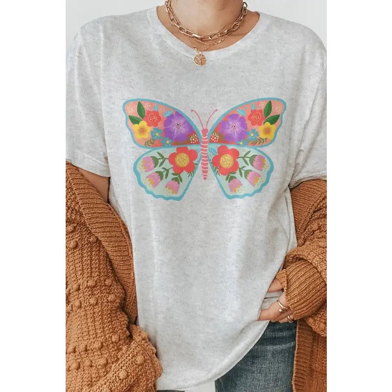 Hand Drawn Butterfly Floral Graphic Tee Ash Graphic Tee